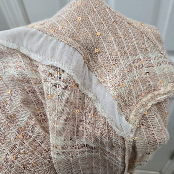 Free People Button up Shirt Large Bohemian Beige Peach Metallic Sequin Blouse - Picture 10 of 10